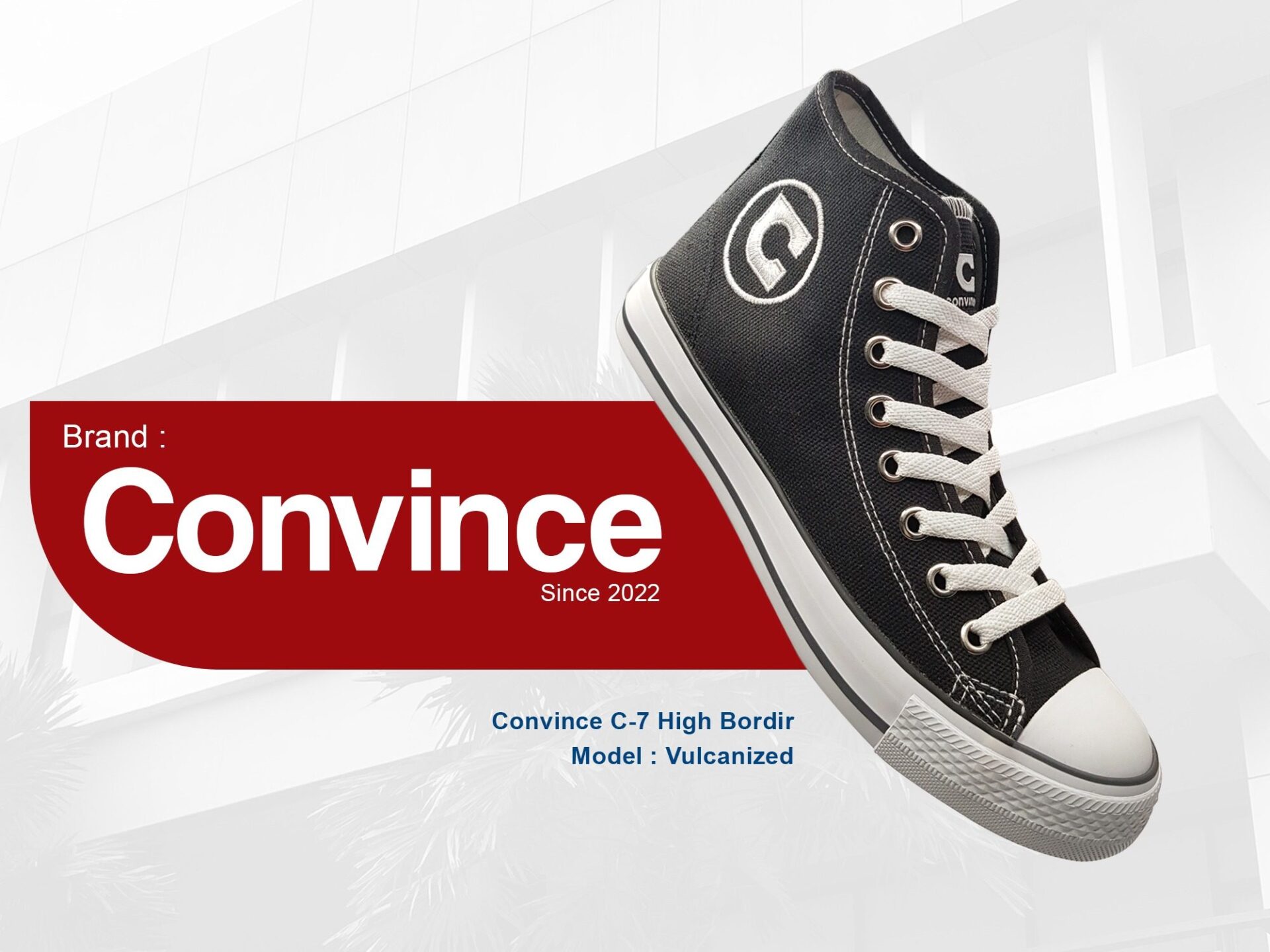 Sepatu Convince C-7 High Bordir hitam, model vulcanized, dengan label merek Convince sejak 2022